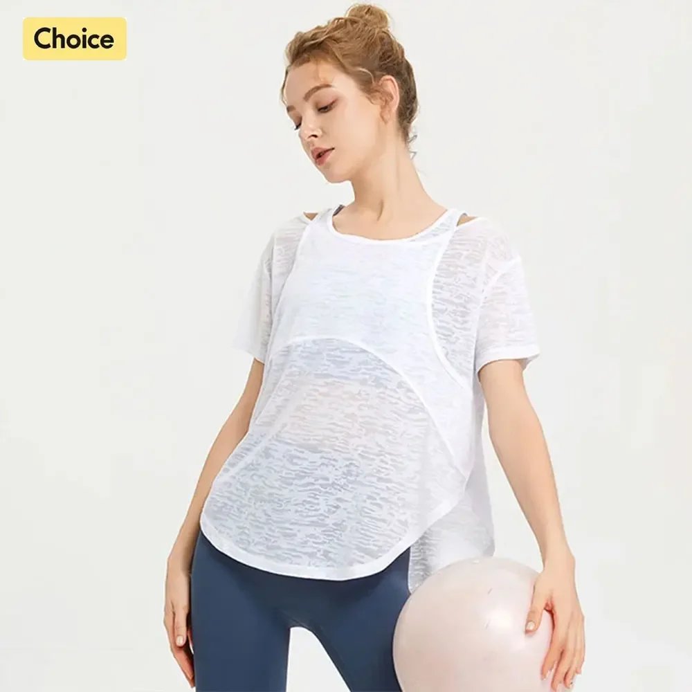 Yoga Fitness Outfit - Tops Esportivos de Manga Curta Feminina,